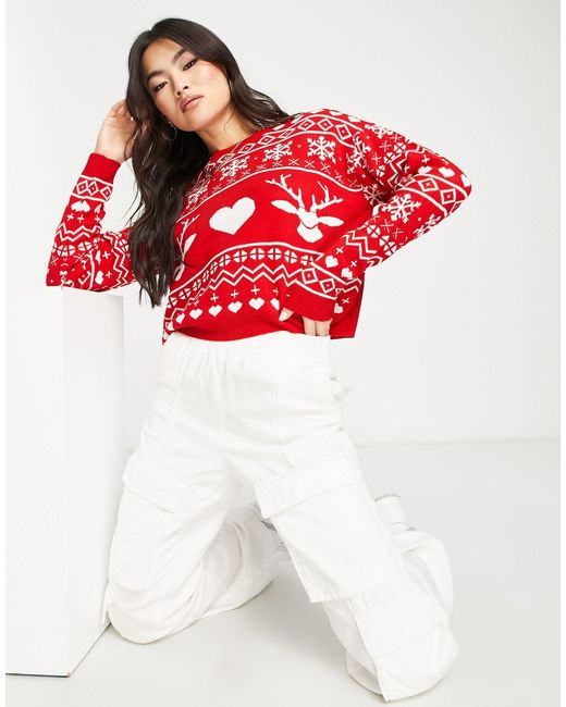 Threadbare Christmas Cropped Jumper in Red | Lyst UK