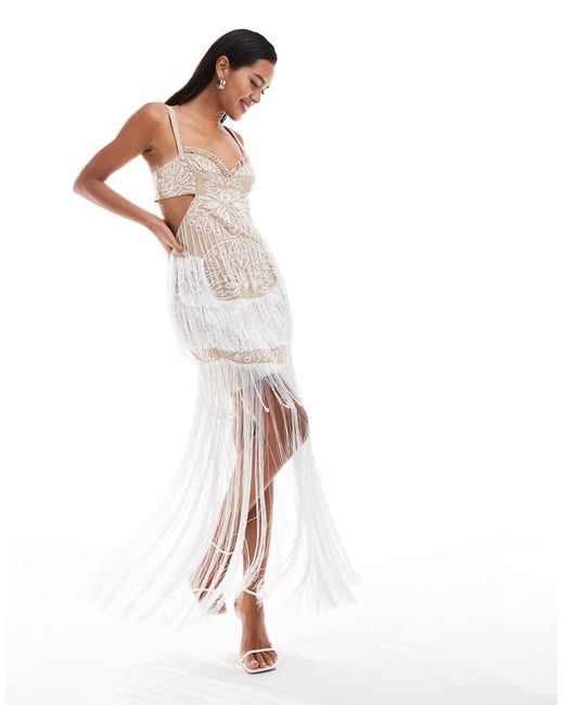 ASOS White Cupped Embellished Cut Out Maxi Dress With Fringing