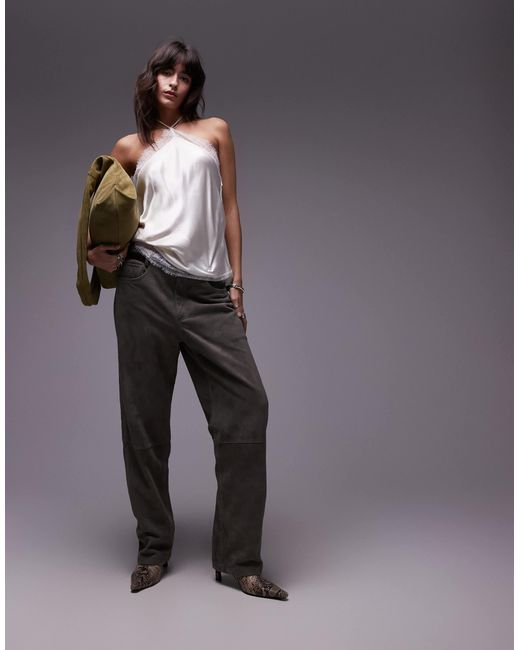 TOPSHOP Gray Satin Halter With Lace Trim