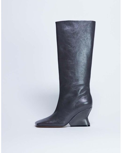 TOPSHOP Blue Selma Premium Leather Knee High Wedge Boot