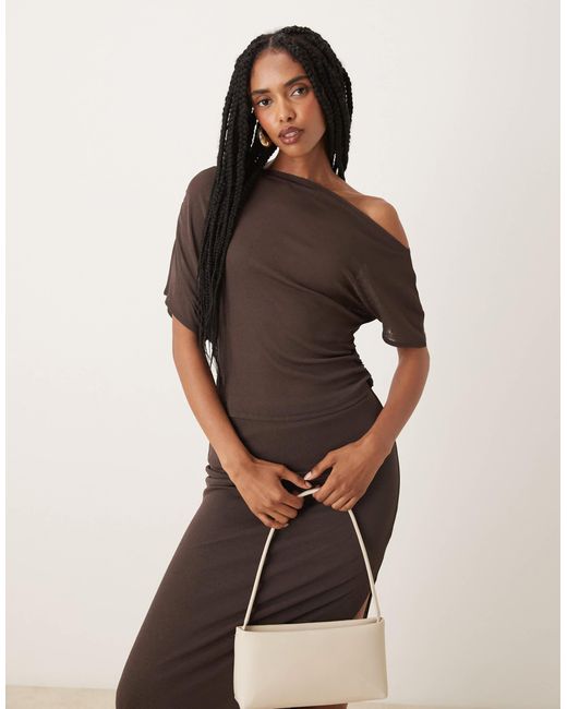 ASOS Brown Mesh Semi Sheer Ruched Off Shoulder Top