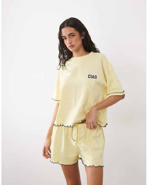 ASOS Natural Embroidered Ciao Slogan Short Sleeve Tee And Shorts Pyjama Set With Lettuce Edge