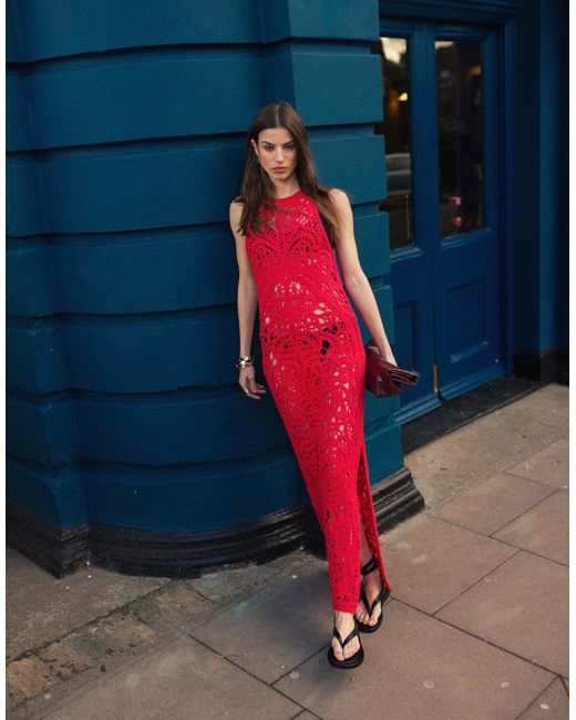 TOPSHOP Red – maxikleid aus hochwertigem häkelstrick