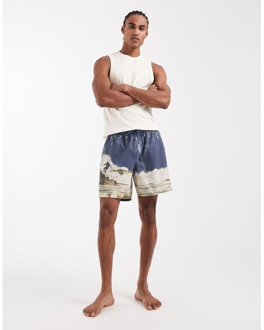 ASOS Blue Mid Length Swim Shorts With Beach Photo Print for men