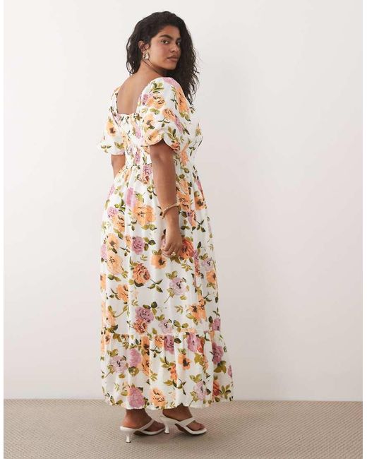 Vila Curve Pink Square Neck Puff Sleeve Midi Dress