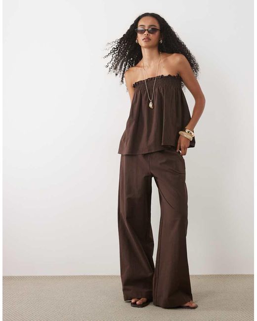 ASOS Brown Linen Blend Shirred Bandeau Top