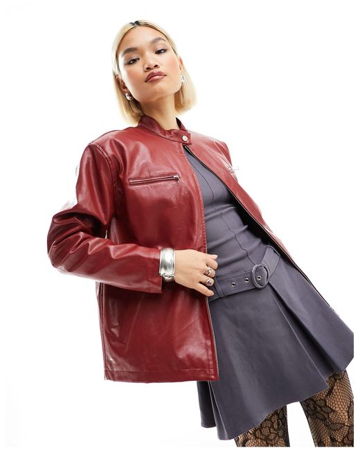 Red leather moto jacket deals women's