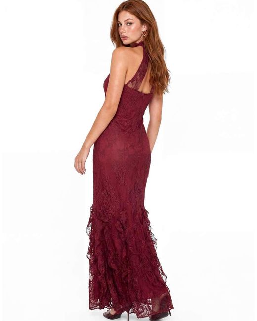 Maya Red Halter Neck Ruffle Hem Lace Maxi Dress