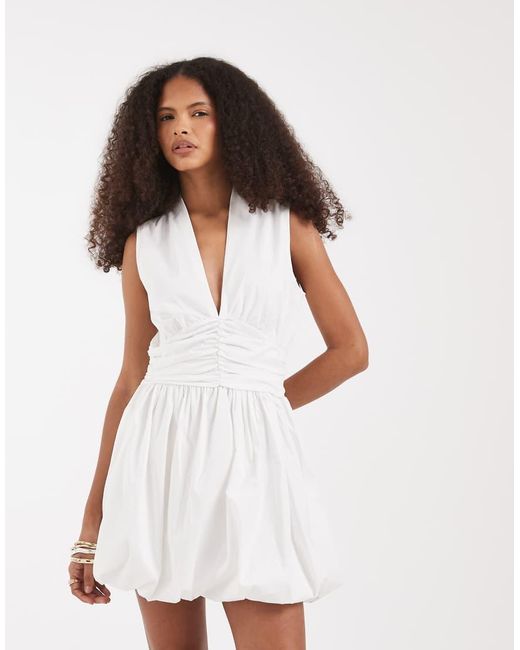 Vero Moda White Ruched Detail Balloon Hem Mini Dress