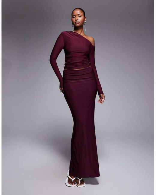 Kaiia Purple Exclusive Double Layered Slinky Off Shoulder Long Sleeve Top Co-Ord