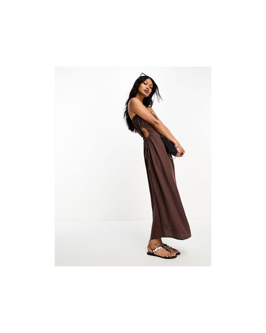 ASOS Brown Linen Bandeau Midi Sundress With Ruched Cut Out Detail
