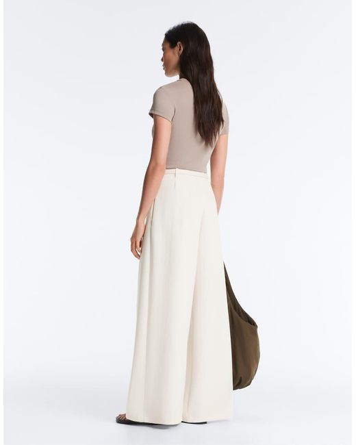 Oysho White Striped Cotton Piqué Wide-Leg Trousers