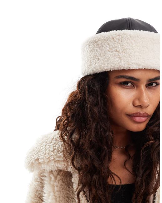 Weekday Black Faux Leather Hat With Borg Trim
