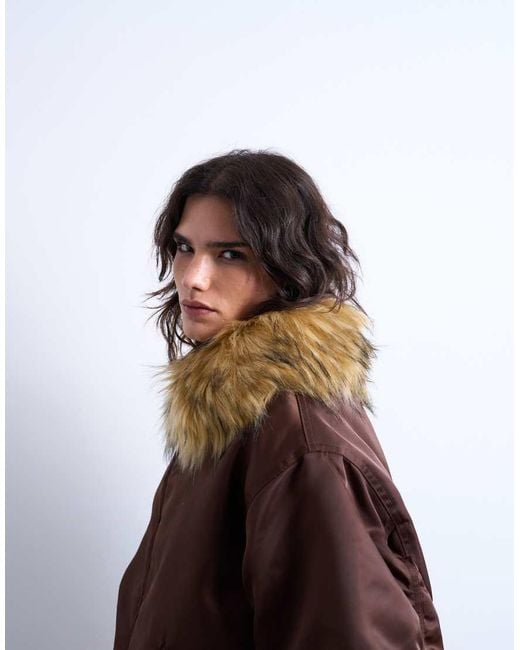 TOPSHOP Brown Nylon Bomber Jacket With A Faux Fur Collar