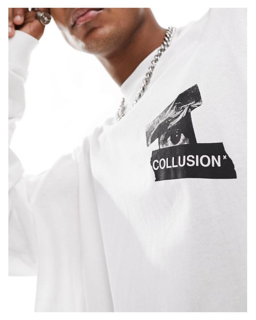 Maglietta a maniche lunghe bianca con stampa collage di Collusion in Metallic