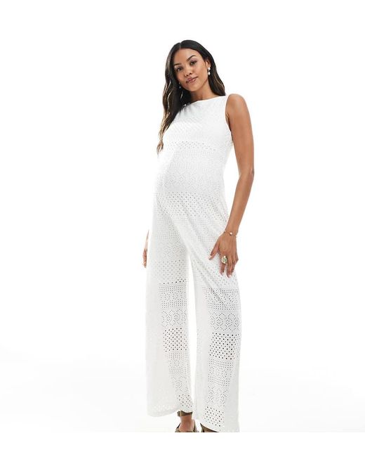 Mama.licious White Mamalicious Maternity Wide Leg Jersey Broderie Jumpsuit