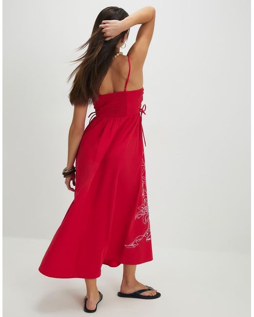 River Island Red Cotton Broderie Tie Side Midi Dress