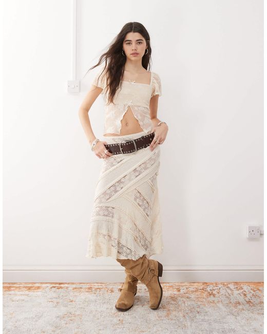 Reclaimed (vintage) Natural Split Front Lace Top With Bow Details