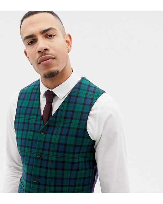 ASOS Green Tall Wedding Skinny Suit Waistcoat In Blackwatch Tartan for men