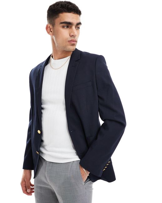 ASOS Blue Skinny Gold Button Blazer for men