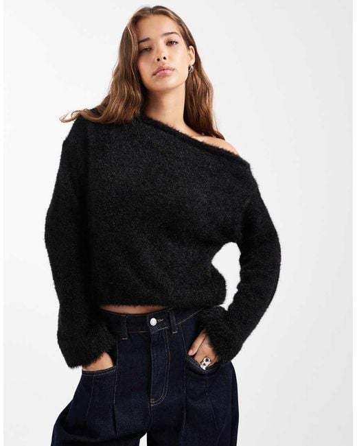 ASOS Black Fluffy Knit One Shoulder Sweater With Cinched Waist