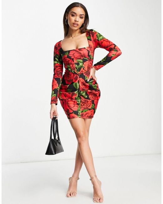 ASOS Square Neck Corset Long Sleeve Side Ruched Mini Dress in Red - Lyst