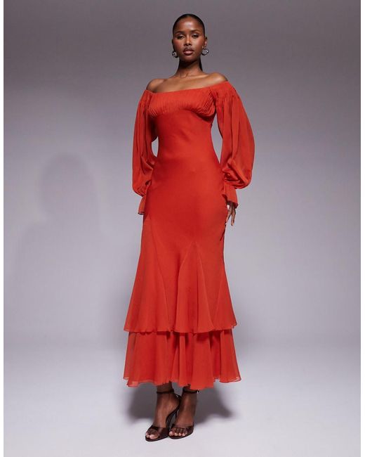 ASOS Red Off The Shoulder Ruffle Maxi Dress With Tie Godets And Blouson Sleeves