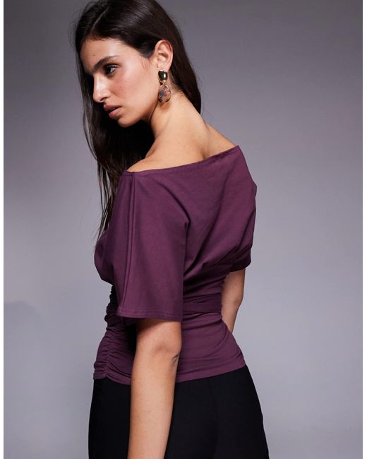 Fashionkilla Purple Exclusive Cotton Rich Off Shoulder Long Sleeve Wrap Waist Detail T-shirt