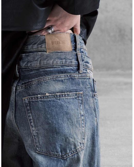 Weekday Blue Unisex Loose Fit Wide Leg baggy Jeans With Double Waistband Detail