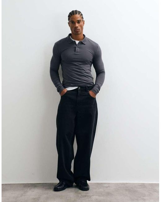 ASOS Blue Essentials Long Sleeve Muscle Fit Polo for men