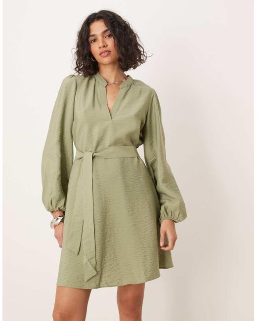 Vila Green V Neck Tie Waist Mini Dress