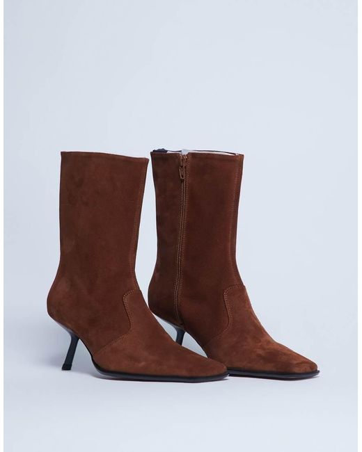 TOPSHOP Brown Sienna Premium Suede Leather Square Toe Mid Heel Boots