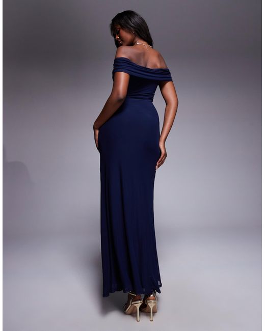 asos blue off the shoulder dress Rent Asos Edition Crepe Bardot Column Maxi Dress With Split In Dusky Blue main image 0