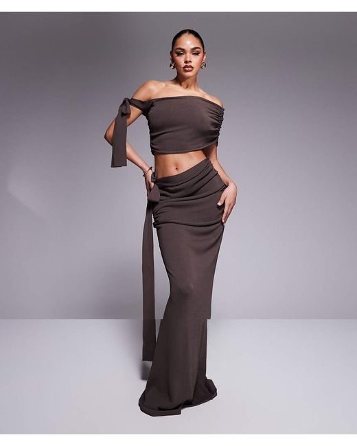 Wanderdoll Brown Lois Knitted Off Shoulder Tie Detail And V Front Maxi Skirt Set