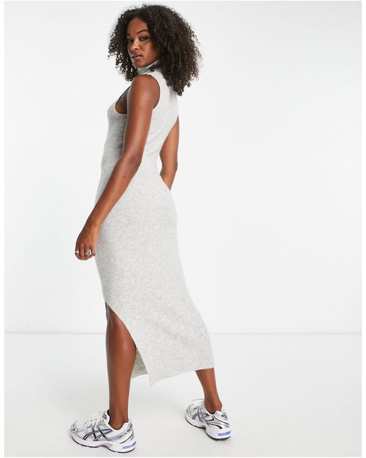TOPSHOP White Knitted Sleeveless Funnel Split Side Maxi Dress