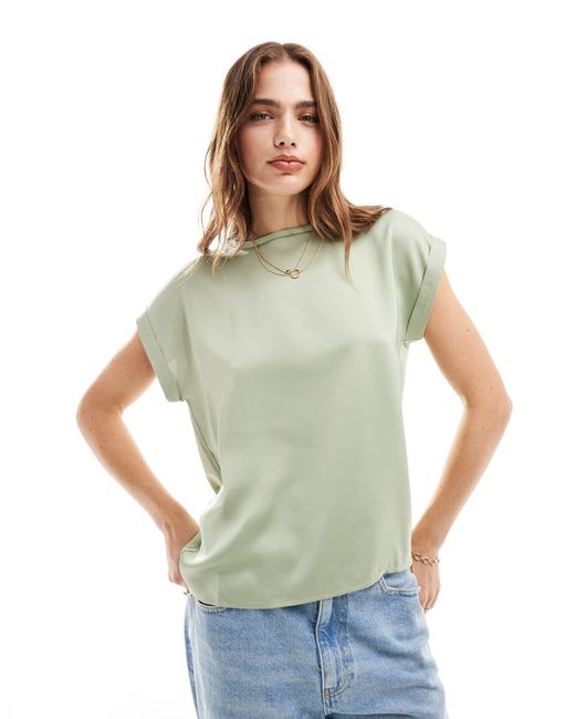 Vila Green Satin Front T-shirt With Turn Up Sleeve