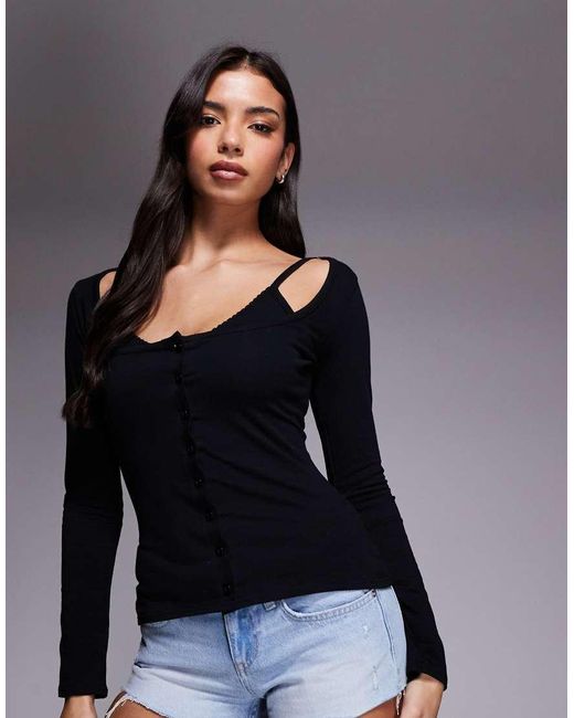 Fashionkilla Black Exclusive Cotton Rich Bra Insert Button Through Long Sleeve Top