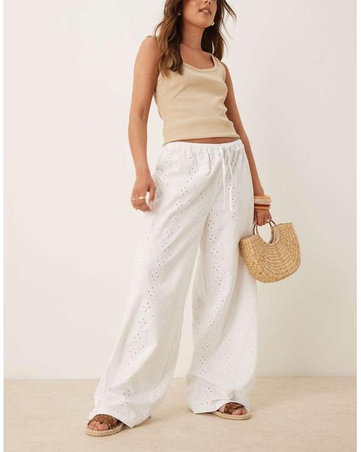 ASOS Natural Broderie Pyjama Style Trouser With Tie Waist