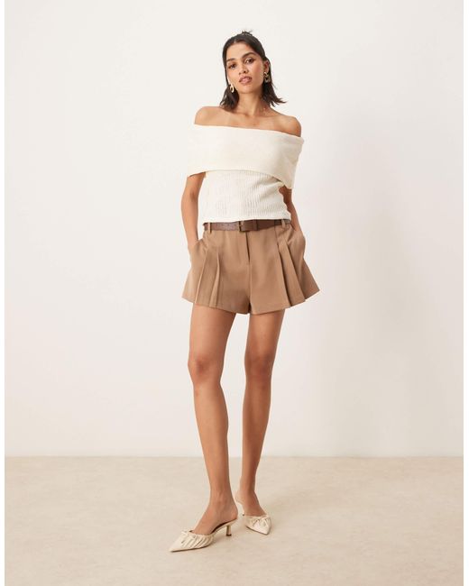 ASOS Natural Tailored High Waist Shorts With Faux Leather Belt
