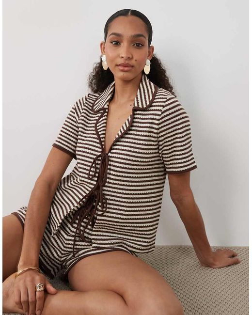 Brave Soul Natural Co-Ord Tie Front Shirt Crochet Top