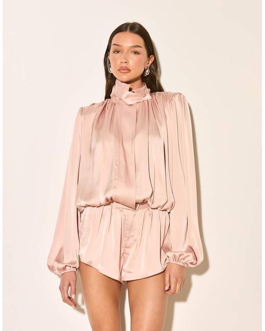 Noughts & Kisses Natural Satin High Neck Extreme Drape Balloon Sleeve Playsuit