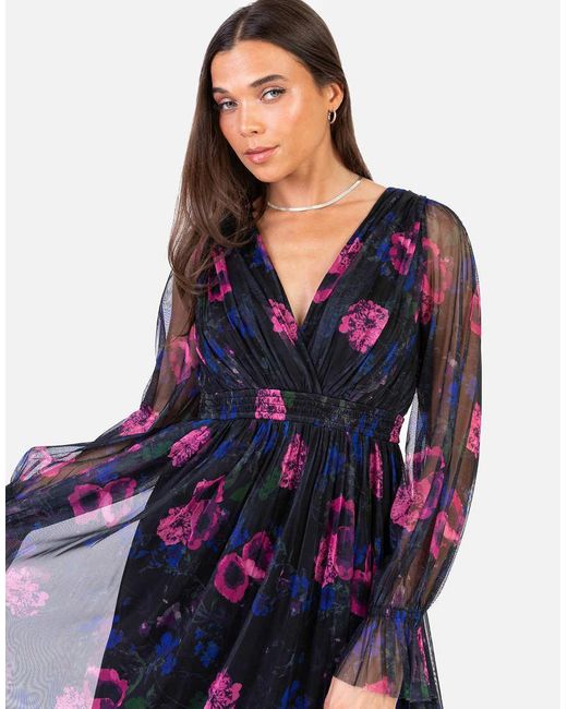 ANAYA Blue Floral Print Faux Wrap Long Sleeve Midaxi Dress