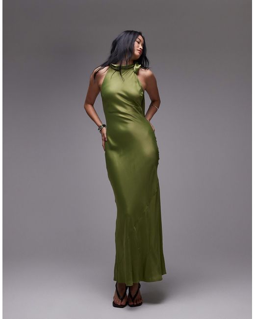 TOPSHOP Satin Tie Neck Bias Cut Sleeveless Dress in Green | Lyst