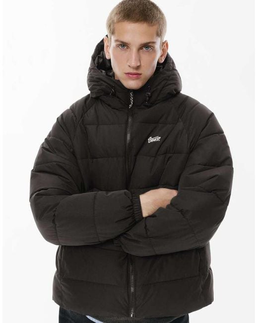 Pull&Bear Black Stwd Hooded Puffer Jacket for men