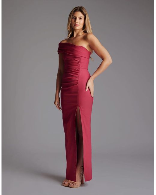 Vesper Red Off The Shoulder Ruched Maxi Dress