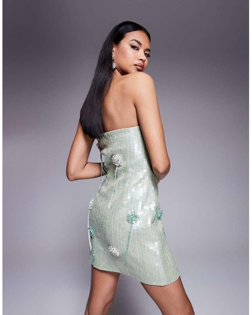 ASOS Gray Bandeau Mini Dress With squiggle Drip Drape Detail Embellishment