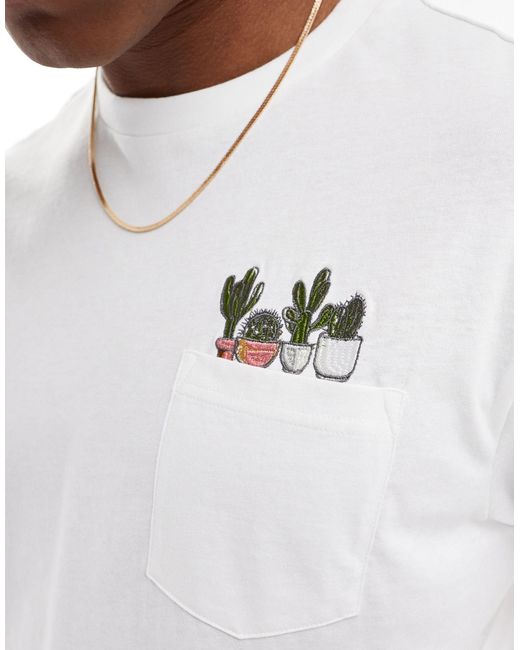 T-shirt bianca con tasca e cactus ricamati di Threadbare in White da Uomo