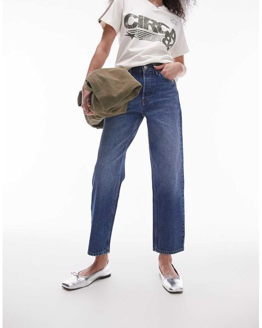 TOPSHOP Blue Runway Mid Rise Straight Cropped Jean