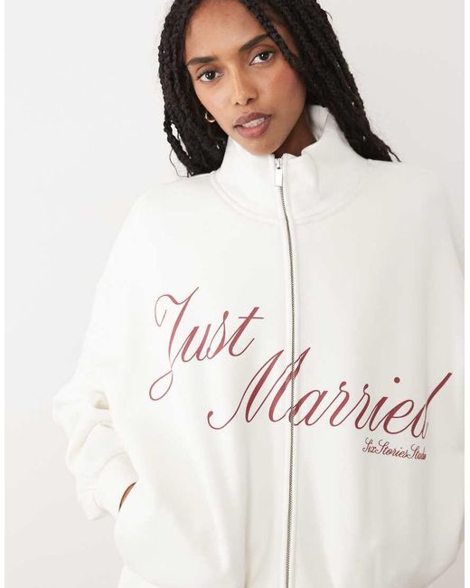 Six Stories Natural 'just Married' Jersey High Neck Zip Through Jumper