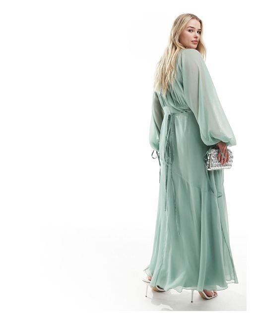 ASOS Blue Asos Design Curve Exclusive Long Sleeve Chiffon Wrap Midi Dress